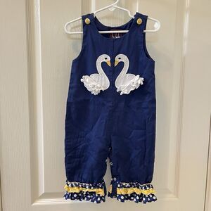 Lil Cactus Swan Romper Jumpsuit Navy Blue Yellow Ruffles Girls Size 12-18 Months